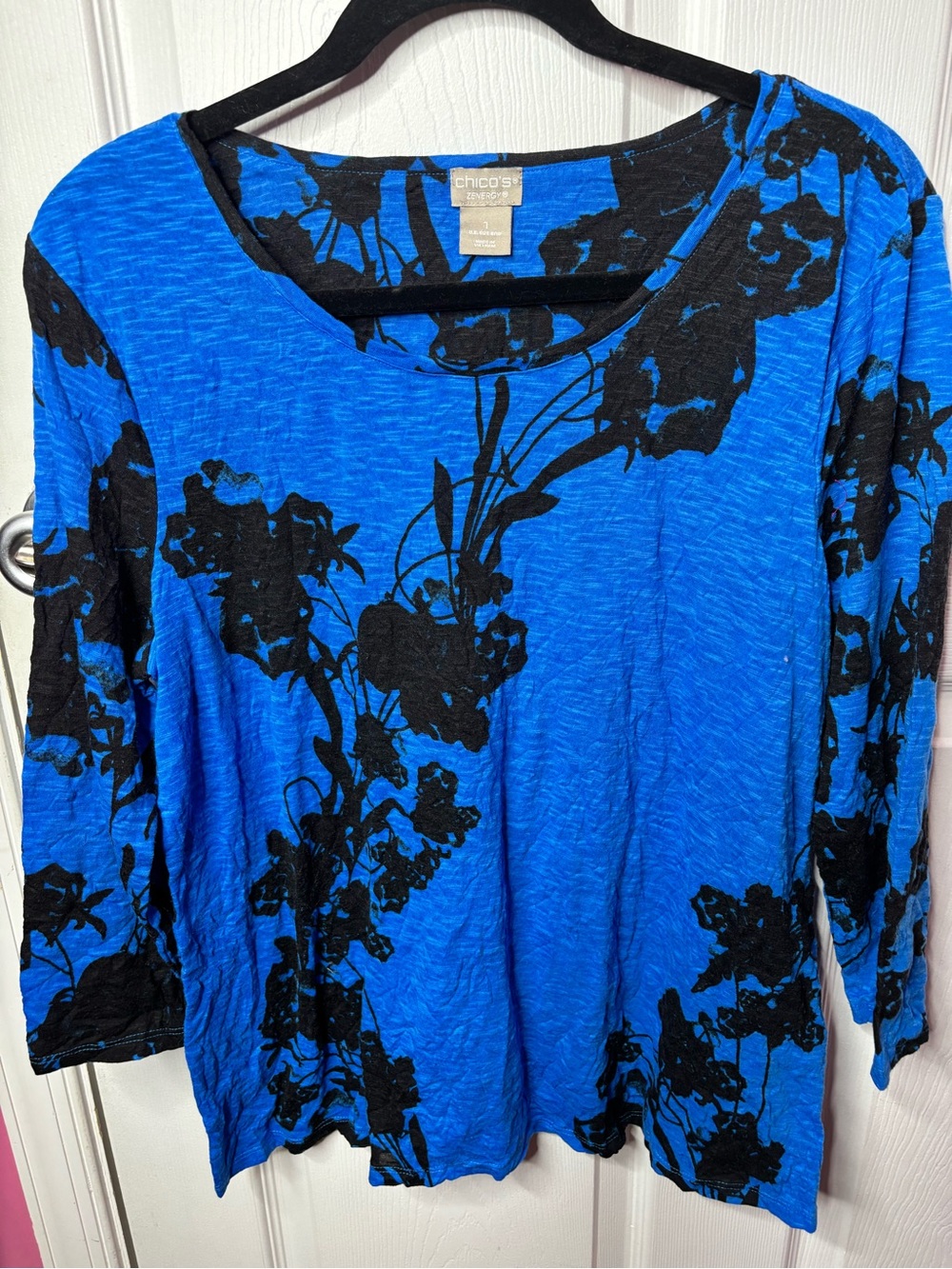 Chico's Electric Blue Black Floral Scoop Neck Long Sleeve Top